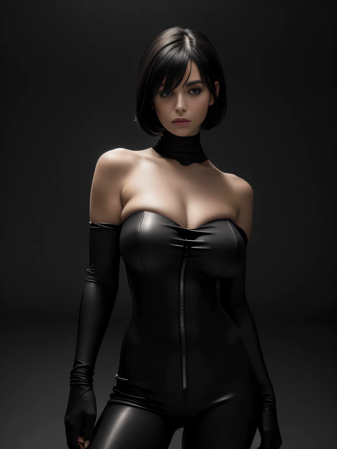 shokokomidef, Ultra realistic, 16k, high quality, incredibly detailed, dream aesthetic, dream atmosphere, evil girl (vampire aesthetic), goth makeup, tall, realistic short black silky hair, hair messy fringe, (cute) black (realistic) shiny eyes, real hair fluttering, blushing cheeks, pale-grey skin illuminated, realistic perfect shading, absurdres, realistic textures, solo, alone, 1girl, tall, looking at viewer, large realistic natural breasts, cleavage, black pantyhose, black dress with very details (realistic texture), standing, different positions at different angles, dark gothic background (background unfocused), masterpiece, best quality, Photorealistic.