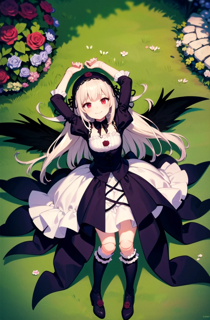 (masterpiece, best quality, detailed, highres), 1girl, solo, outdoors, garden, rose, grass, night, lying, from above, full body, arms up, outstretched arms, looking up, smile, closed mouth,
suigintou, XXXXXX fashion, XXXXXX hairband, black dress, frills, black wings, knee boots, detached collar, (cross), juliet sleeves, cross-laced dress, doll joints
