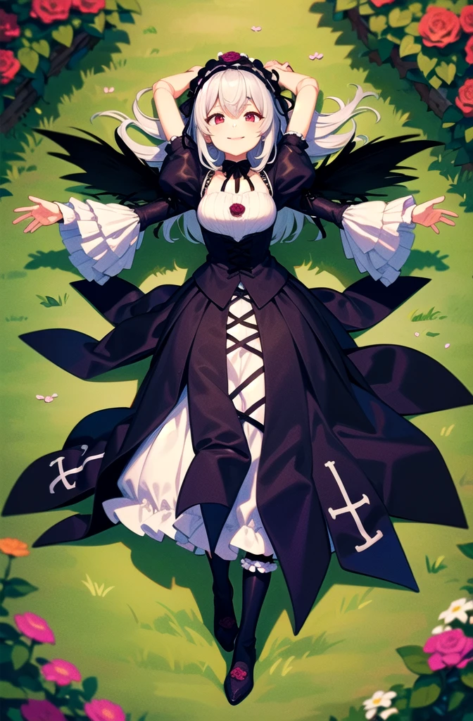 (masterpiece, best quality, detailed, highres), 1girl, solo, outdoors, garden, rose, grass, night, lying, from above, full body, arms up, outstretched arms, looking up, smile, closed mouth,
suigintou, XXXXXX fashion, XXXXXX hairband, black dress, frills, black wings, knee boots, detached collar, (cross), juliet sleeves, cross-laced dress, doll joints
<lora:SuigintouV4_1-000014-32:1> <lora:more_details:0.5>