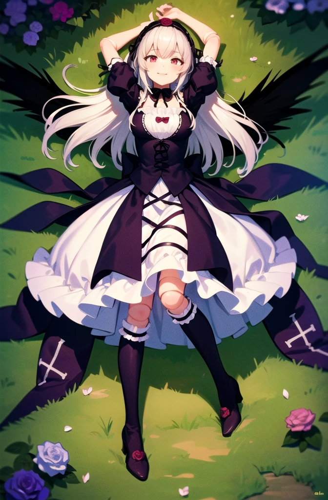 (masterpiece, best quality, detailed, highres), 1girl, solo, outdoors, garden, rose, grass, night, lying, from above, full body, arms up, outstretched arms, looking up, smile, closed mouth,
suigintou, XXXXXX fashion, XXXXXX hairband, black dress, frills, black wings, knee boots, detached collar, (cross), juliet sleeves, cross-laced dress, doll joints
