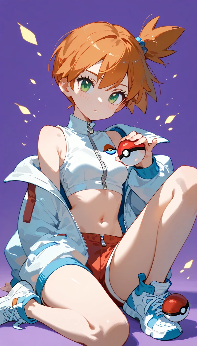 Character Misty_pokemon, Berry Short, Orange Hair, one side up hair, Big green eyes, Small breasts,
Skinny, White sleeveless crop top, Blue short, white jacket with blue detail on zipper and sleeves, Red and white sneakers, 
emotionally disconnected from her surroundings or the people around her, 
purple background, fading to black at the corners, emotional disconnection, melancholic, PokeBall, Accion , different expression 