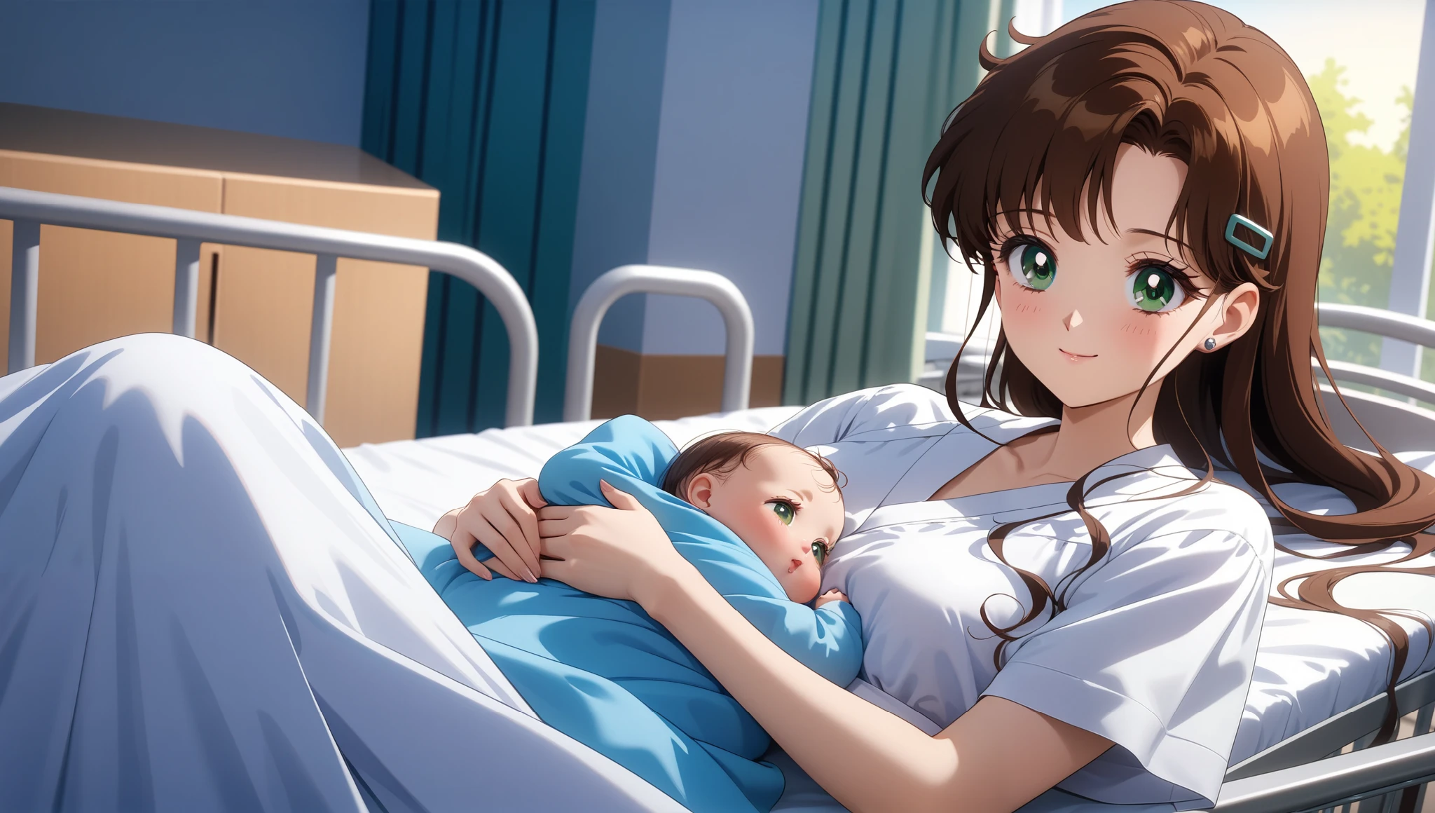 colorful, (masterpiece, best quality, very aesthetic , ultra detailed), intriguing details , 4K, long hair, hair clips, brown hair, hair combed to the side, green eyes, 1girl, new born, , 1 girl, solo, Best quality, masterpiece, High Definition, White Hospital Gown, Hospital Bed, holding baby, Smile, variable shot, Высокое разрешение, evening