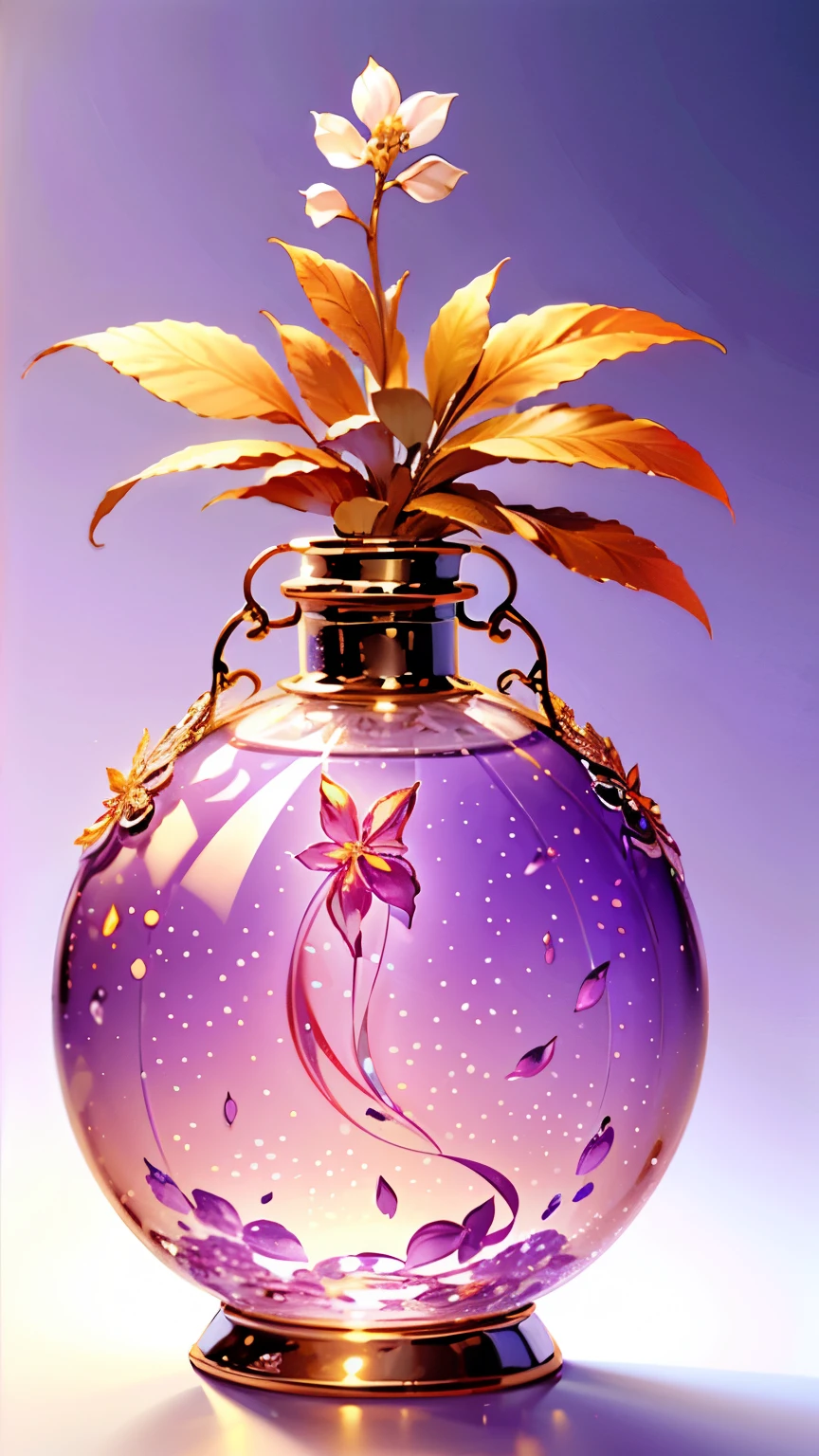 A lot of petals are falling、 Beautiful Perfume Bottle 、 A masterpiece High Quality High precision Purple Silhouette 、 White background、 Golden Flowers Scattered 、 bright lights on the Ped container design 、 delicate design a masterpiece