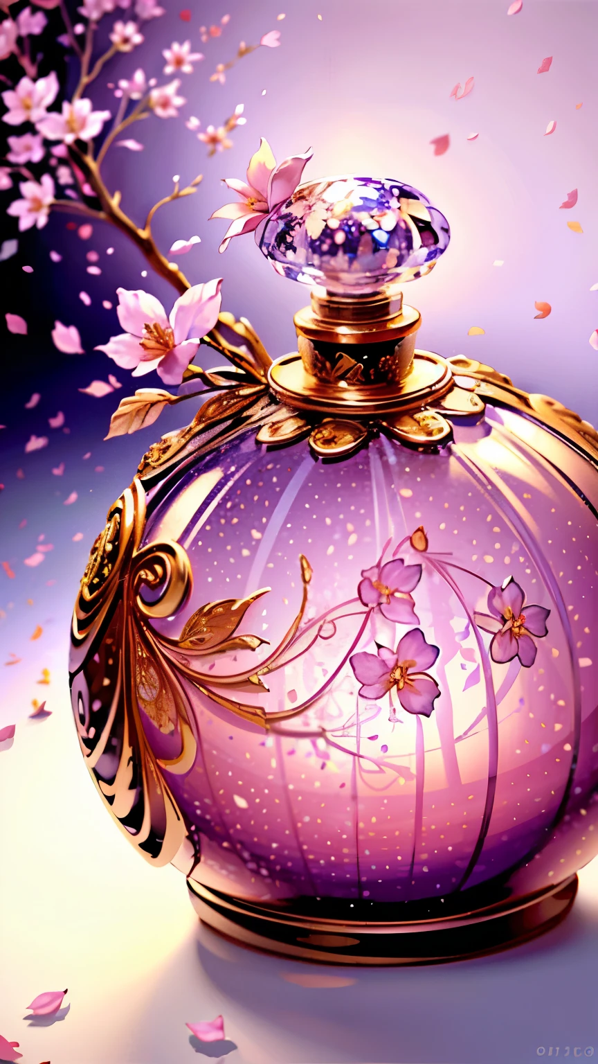  (Background with lots of falling petals:1.2)、Beautiful Perfume Bottle 、 Purple Silhouette 、White background、 Golden Flowers Scattered、 bright lights on the Ped、　container design 、  Delicate Design 、a masterpiece、 A masterpiece、 High Quality 、High precision、