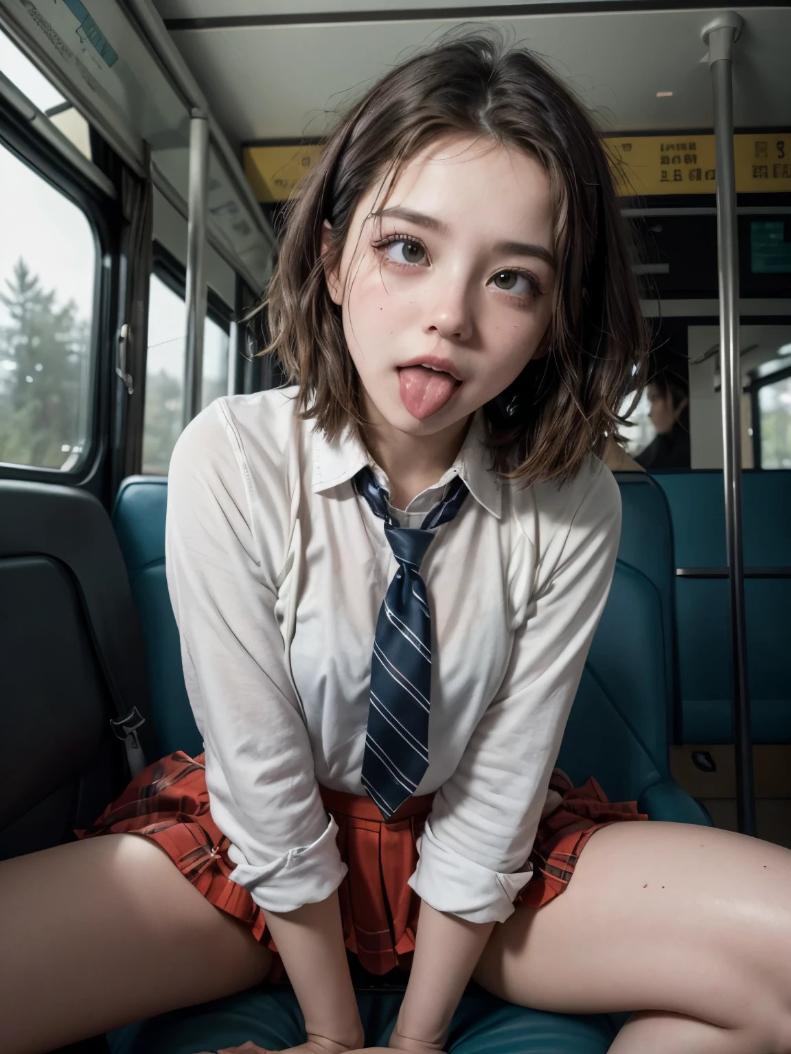 ( best quality,masterpiece, ultra high resolution with forest background )、( very detailed depiction)、 ( photorealistic, RAW photos :1.3)、 natural skin texture 、 natural light、 bright lights on the Ped、(The cutest high school girl、1 person、 idol face、 short hair、A Look of Favor 、Droopy eyes、 ecstasy:1.3)、(Writhing in pleasure、Seductive Gaze、The cutest high school girlの制服、 skirt、 ties:1.4)、( inside the tram、Facing the front and sitting with legs extended、Spread legs、 skirtと太ももの間から可愛いパンティが見える、Brightly colored panties 、 Pretty Thighs、My teasing gaze 、Cowgirl Style:1.5)、 shot from the front、 full body shot