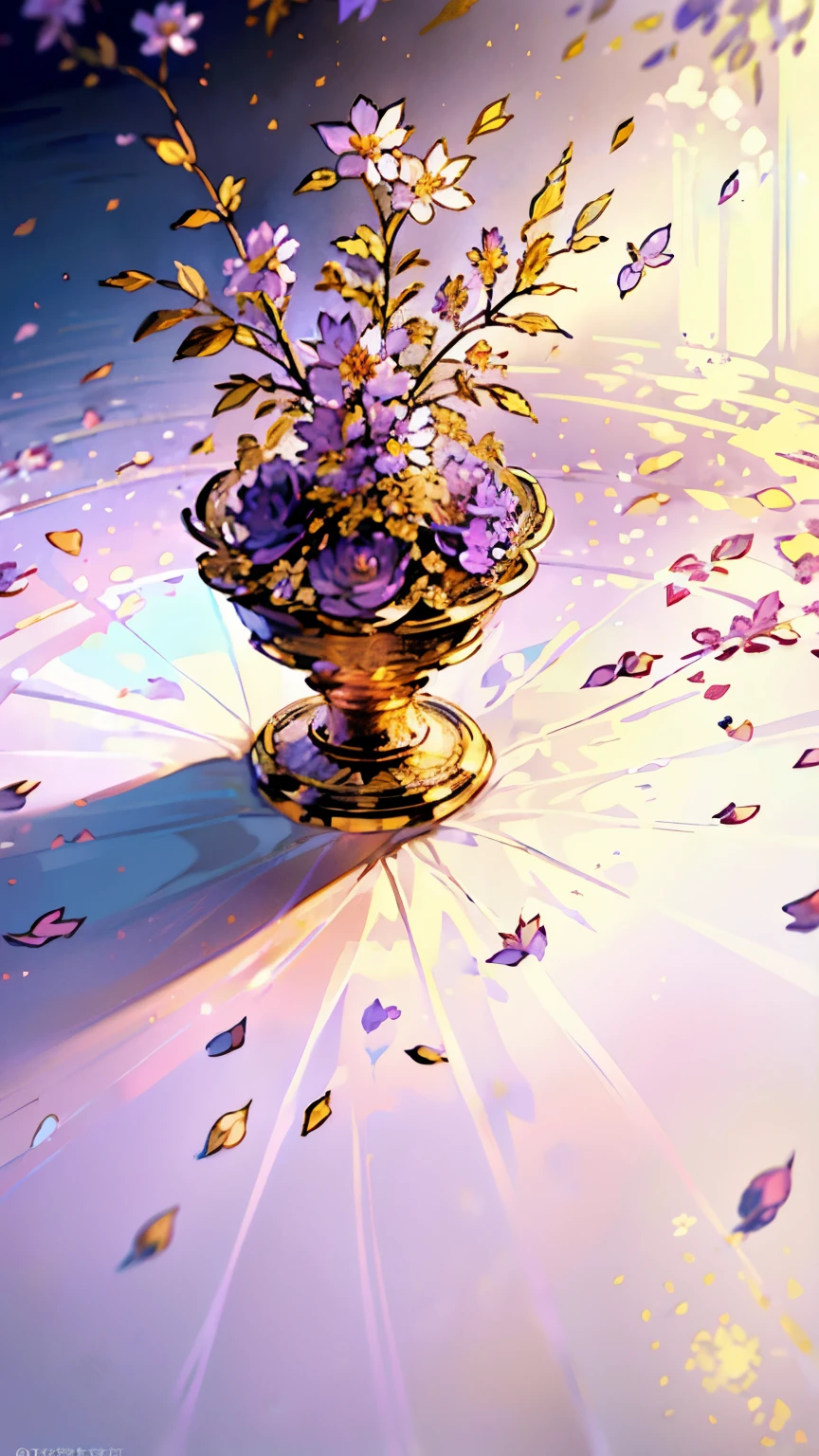 (Background with lots of falling petals:1.2)、Beautiful Perfume Bottle 、 Purple Silhouette 、White background、 Golden Flowers Scattered、 bright lights on the Ped、 container design 、 Delicate Design 、a masterpiece、 A masterpiece、 High Quality 、High precision、