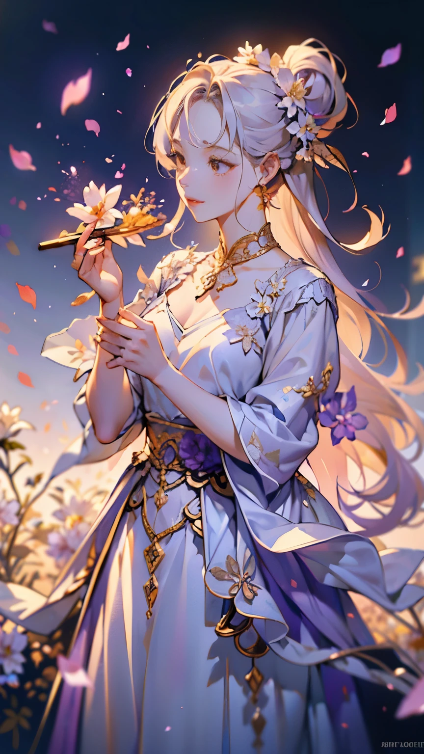 (Background with lots of falling petals:1.2)、Beautiful Perfume Bottle 、 Purple Silhouette 、White background、 Golden Flowers Scattered、 bright lights on the Ped、 container design 、 Delicate Design 、a masterpiece、 A masterpiece、 High Quality 、High precision、