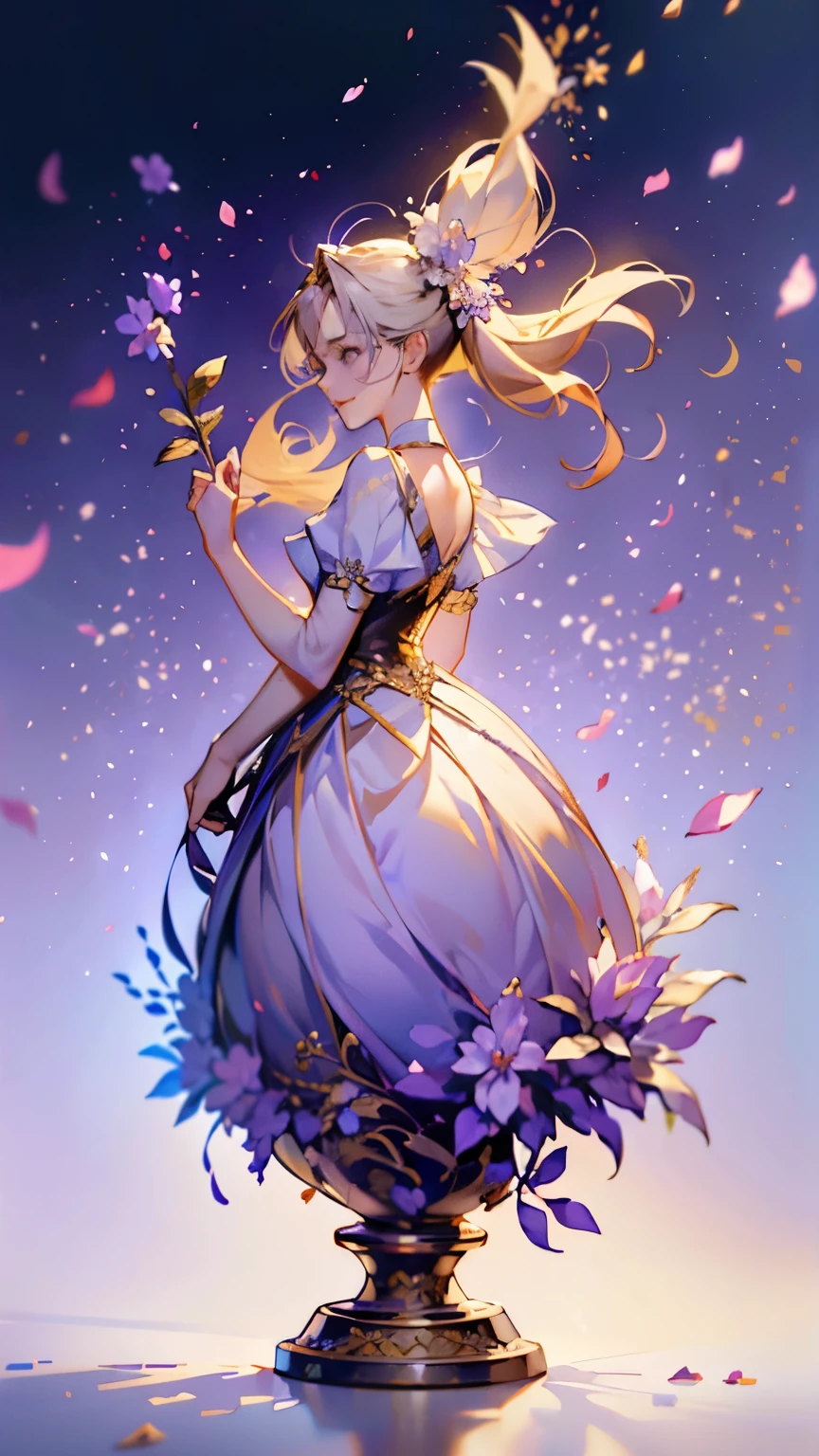 (Background with lots of falling petals:1.2)、Beautiful Perfume Bottle 、 Purple Silhouette 、White background、 Golden Flowers Scattered、 bright lights on the Ped、 container design 、 delicate design 、a masterpiece、 A masterpiece、 High Quality 、High precision、