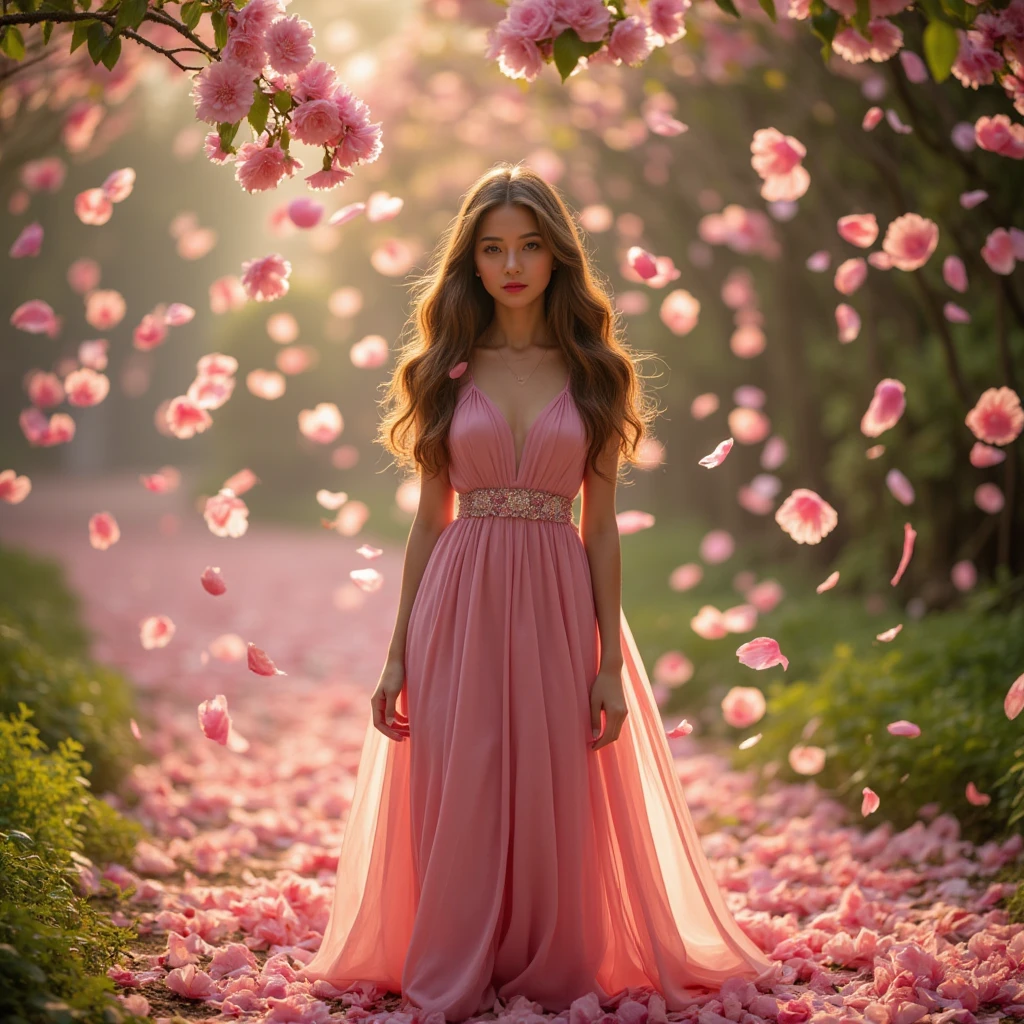 A rain of delicate pink petals falling gracefully, beautiful young woman with long flowing hair standing in the middle, petals swirling around her, soft diffused natural lighting, intricate detailed facial features, serene expression, elegant flowing dress, petals covering the ground, lush green foliage in the background, intricate detailed rendering, photorealistic, vibrant colors, cinematic composition