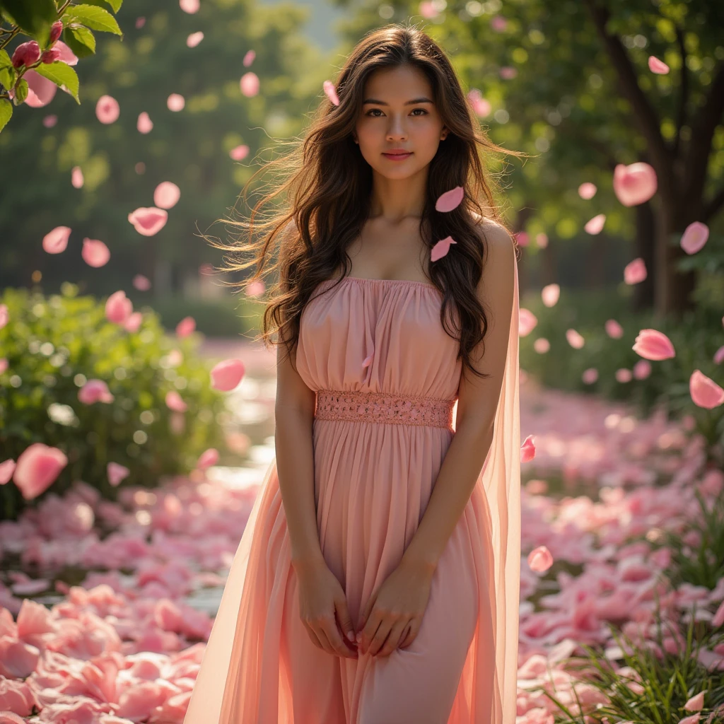 A rain of delicate pink petals falling gracefully, beautiful young woman with long flowing hair standing in the middle, petals swirling around her, soft diffused natural lighting, intricate detailed facial features, serene expression, elegant flowing dress, petals covering the ground, lush green foliage in the background, intricate detailed rendering, photorealistic, vibrant colors, cinematic composition