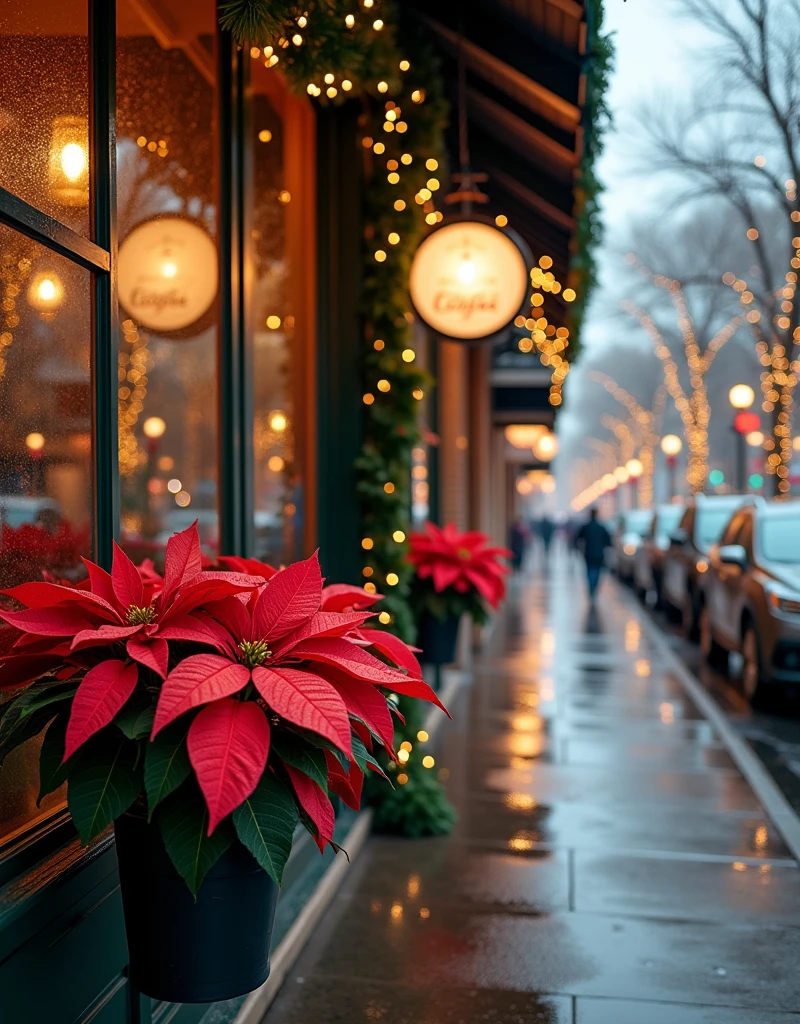  Coffee Shop Facing Main Street during the Christmas Season 、 Scenery with lots of potted poinsettias arranged on the window of a coffee shop in the rain mixed with sleet、 Depict Rainy Streetscape Over Poinsettia Flowers 、 Christmas Tree Decorated at Coffee Shop Storefront 、 Streetscape Decorated with Christmas Illuminations 、Christmas Decorated Streetscape 