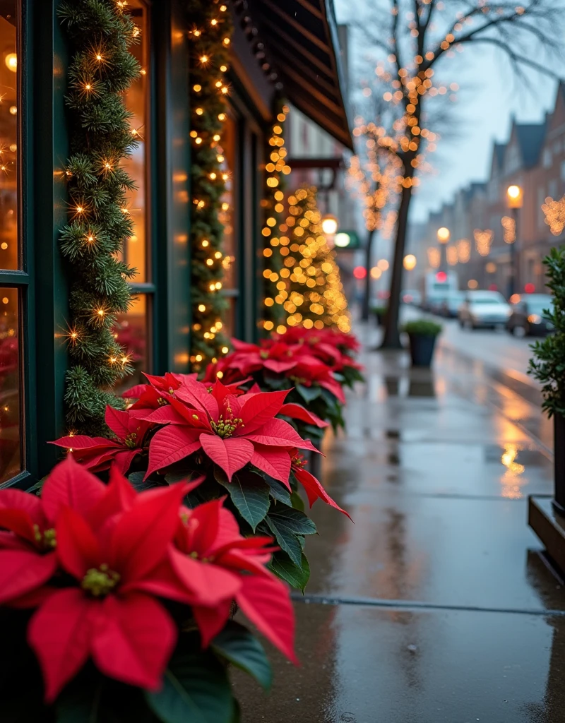  Coffee Shop Facing Main Street during the Christmas Season 、 Scenery with lots of potted poinsettias arranged on the window of a coffee shop in the rain mixed with sleet、 Depict Rainy Streetscape Over Poinsettia Flowers 、 Christmas Tree Decorated at Coffee Shop Storefront 、 Streetscape Decorated with Christmas Illuminations 、Christmas Decorated Streetscape 