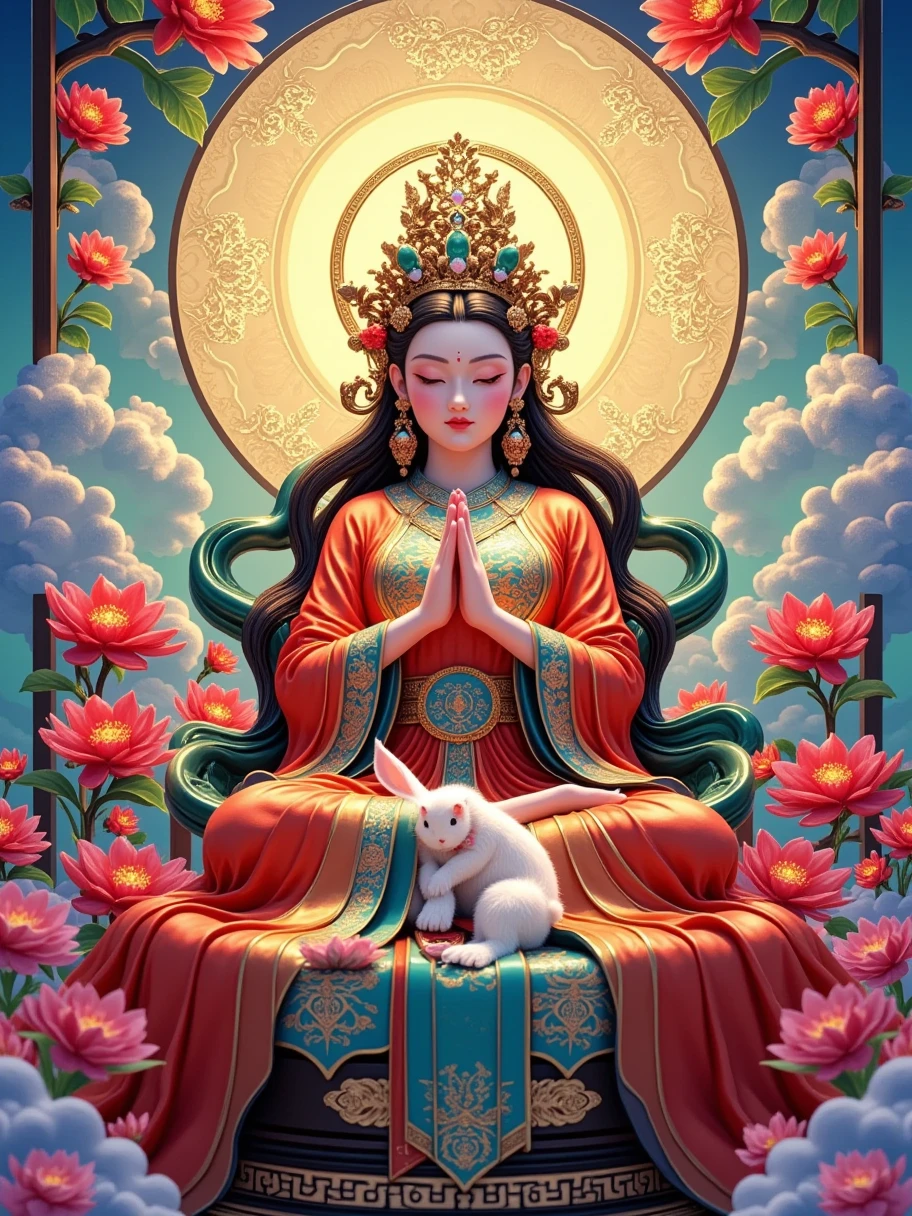 Fantastic color and detail Thangka illustration ，Colorful flying sky ，flowing red silk， A beautiful goddess with a golden cloud and sky background，portrait，Very beautiful fairy ，Statue of Tara Bodhisattva ， red eyeshadow， red face ， red lips，front， skin details ，Fine hair。Crown(Dot emerald ，Cloisonne， filigree enamel，flower，pearl，tassel)， upper body , 手持莲flower， fair skin ,  is surrounded by clouds， has a golden halo on her face ，(((yarn，Satin， red silk streamer)))，golden fantasy ，Glowing particles， ray tracing ，Double Exposure，A little white rabbit， The whole picture is brightly colored ， full of life and vitality 