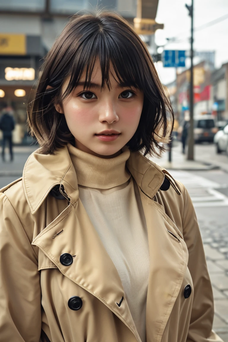 ( bob-cut hair :1.2),(Mustard yellow turtleneck perfect for fall 、 classic look with beige trench coat:1.2), 1 girl,Japanese,21 years old,( smaller breasts:1.3),( best quality ,masterpiece:1.3, super A high resolution ,),( super detailed, caustics),(Realistic:1.4,RAW shooting,) Ultra Realistic Capture, Very detailed, High resolution 16k skin close-up 。  natural skin texture、,pores、、  must be detailed enough to be easily identified。 Skin tone should be uniform and healthy 