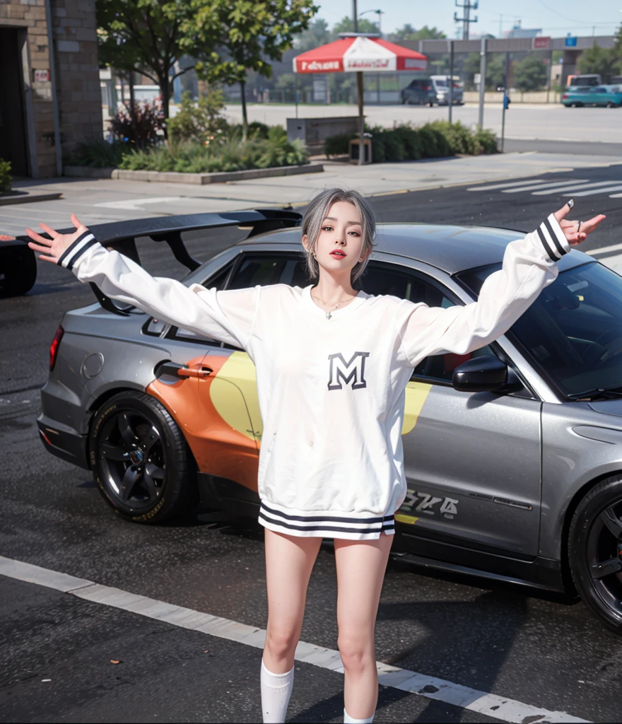 A beautiful Korean girl, braided hair in yellow, green, pink and cream neon, wearing a white t-shirt, black jeans, black boots,holding a weapon, standing in front of a shiny, futuristic and sleek red car with an ultra-modern design, wings an open seagull, parked in an ultra-modern showroom with white walls and a shiny plain white marble floor. Wide angle view,8k photo,