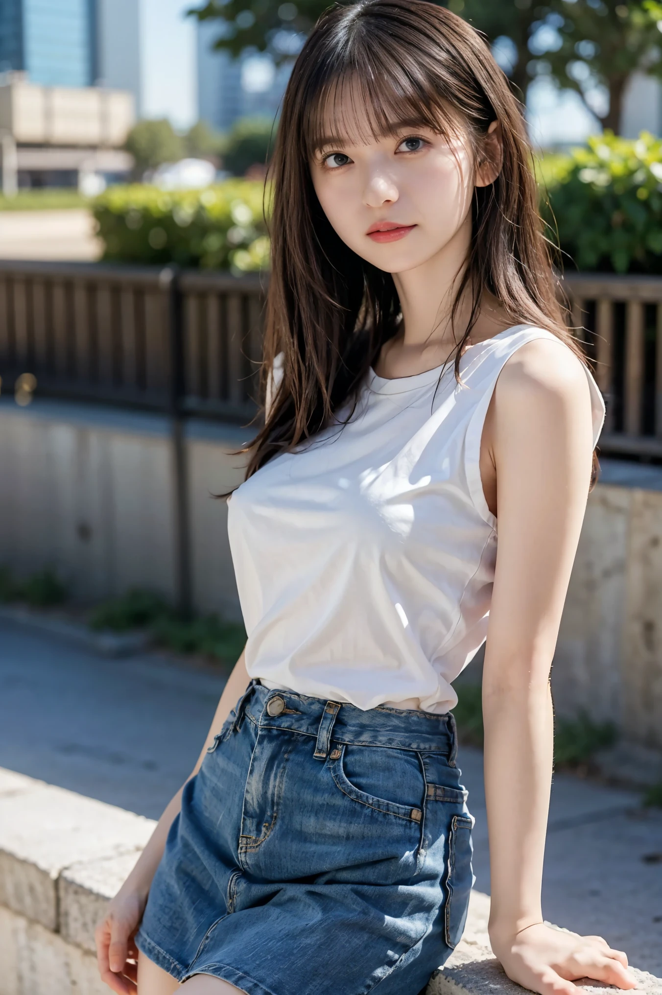( best quality,masterpiece:1.2),(Realistic, photo-Realistic:1.4), RAW photos , high definition , Very detailed,delicateな詳細, Very detailedな, Extremely detailed, light contrast, cinematic lighting , Alone, 1 girl, Japanese female idol , delicate, beautiful, wonderful, seductive poses, tall women, tiny breasts , flat chested, slender, skinny, slim, Small face, dark haired, straight hair, Short Bang , detailed face , detail eyes, Pale skin, shiny skin, Sweaty , ( white t-shirt, Denim Miniskirt ), ( Covered Nipples :1.2), Photo Backdrop , Outdoor, Cityscape,