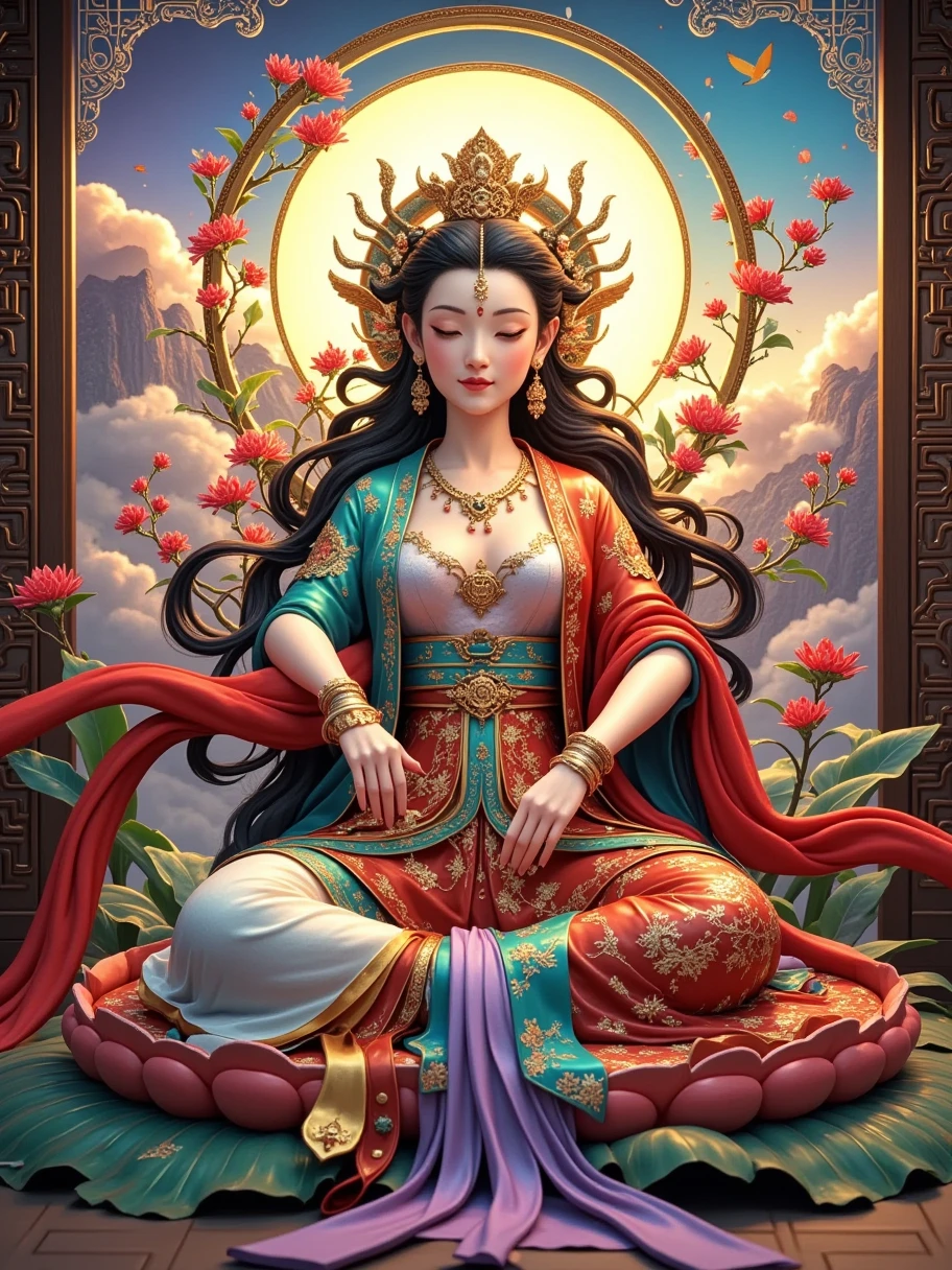 Fantastic color and detail Thangka illustration ，Colorful flying sky ，flowing red silk， A beautiful goddess with a golden cloud and sky background，portrait，Very beautiful fairy ，Statue of Tara Bodhisattva ， red eyeshadow， red face ， red lips，front， skin details ，Fine hair。Crown(Dot emerald ，Cloisonne， filigree enamel，flower，pearl，tassel)， upper body , 手持莲flower， fair skin ,  is surrounded by clouds， has a golden halo on her face ，(((yarn，Satin， red silk streamer)))，golden fantasy ，Glowing particles， ray tracing ，Double Exposure，A little white rabbit， The whole picture is brightly colored ， full of life and vitality 