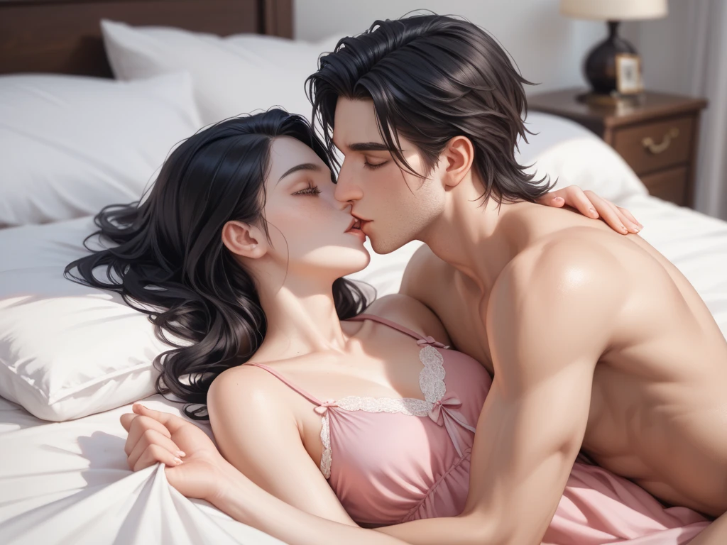 girl and boy, cuddle, boy cudding girl, Girl long brown hair, gray eyes, sharp features, white skin, cherry lips, naked, detailed breast, naked, sex position, sex