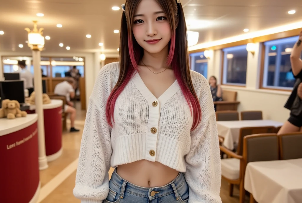 (( better quality , 8K,  masterpiece: 1.3)), zoom: 00.2,  Perfect Body Beauty : 3.4, glutes: 5.2, ((Cabello bicolor black and red, old: 3, 2)), ((" usando knitted sweater and Jeans ")) Highly detailed skin and face texture,  beautiful eyes ,  double eyelid ,  discolored skin ,  long hair , (happy: 0.3) A beautiful girl Gial (" big breasts") (("Bicolor fur, black and red" "with pigtails")) ((wearing "knitted sweater and Jeans ")) ((on a cruise)) ((primera persona)) ( Realistic photo) ( better quality ) (  light brown eyes )(( special attention to clothing ))