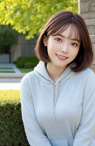 8k,  RAW photo,  best quality, masterpiece: 1.2, Realistic, photoRealistic,  1 girl, cute,  smiles lightly,  hoodies , Middle chest,  clevis,  short hair, Outdoor,  high detail,  detailed background, shiny skin,  perfect body for a lawn,  Professional Lighting, Floating Hair,  soft lighting,  watch viewers