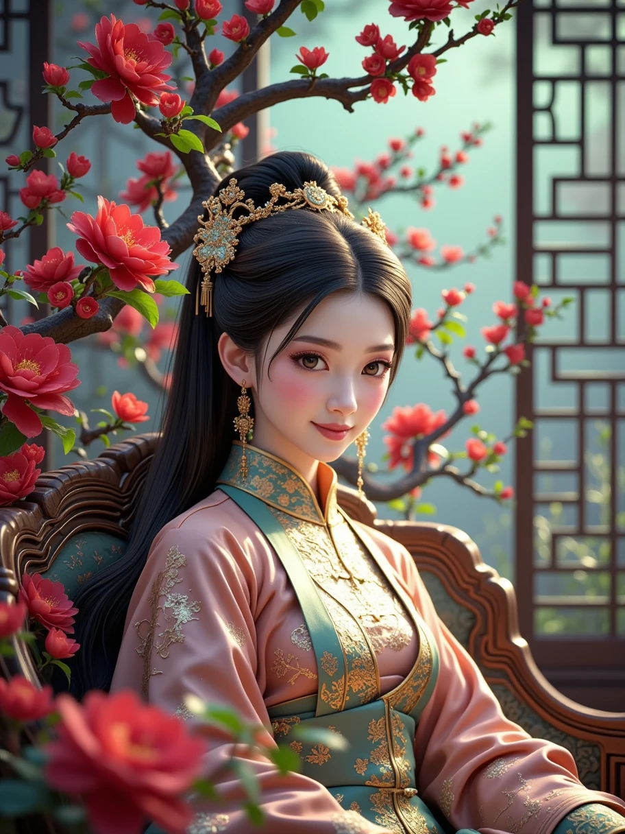 Portrait，In Chinese mythology,  became an ancient beauty ，Delicate facial features， with a smile， and she had a pair of wings on her shoulders but she couldn't show them，The head of Sheng and leaning back , . She was dressed in a golden and jade hanfu ，Sleeves fluttering, , and the atmosphere was gray and amber , Realistic photography style,  fantasy art aesthetics ,  movie lights,  Chinese bizarre aesthetics , Romantic scenery, Thin lines ,  Unreal Engine rendering ,  ethereal rendering ,  Wonderland Background ,  natural light, 8k,  Delicate Details ,  beautiful lighting effects ,  fantasy engine 