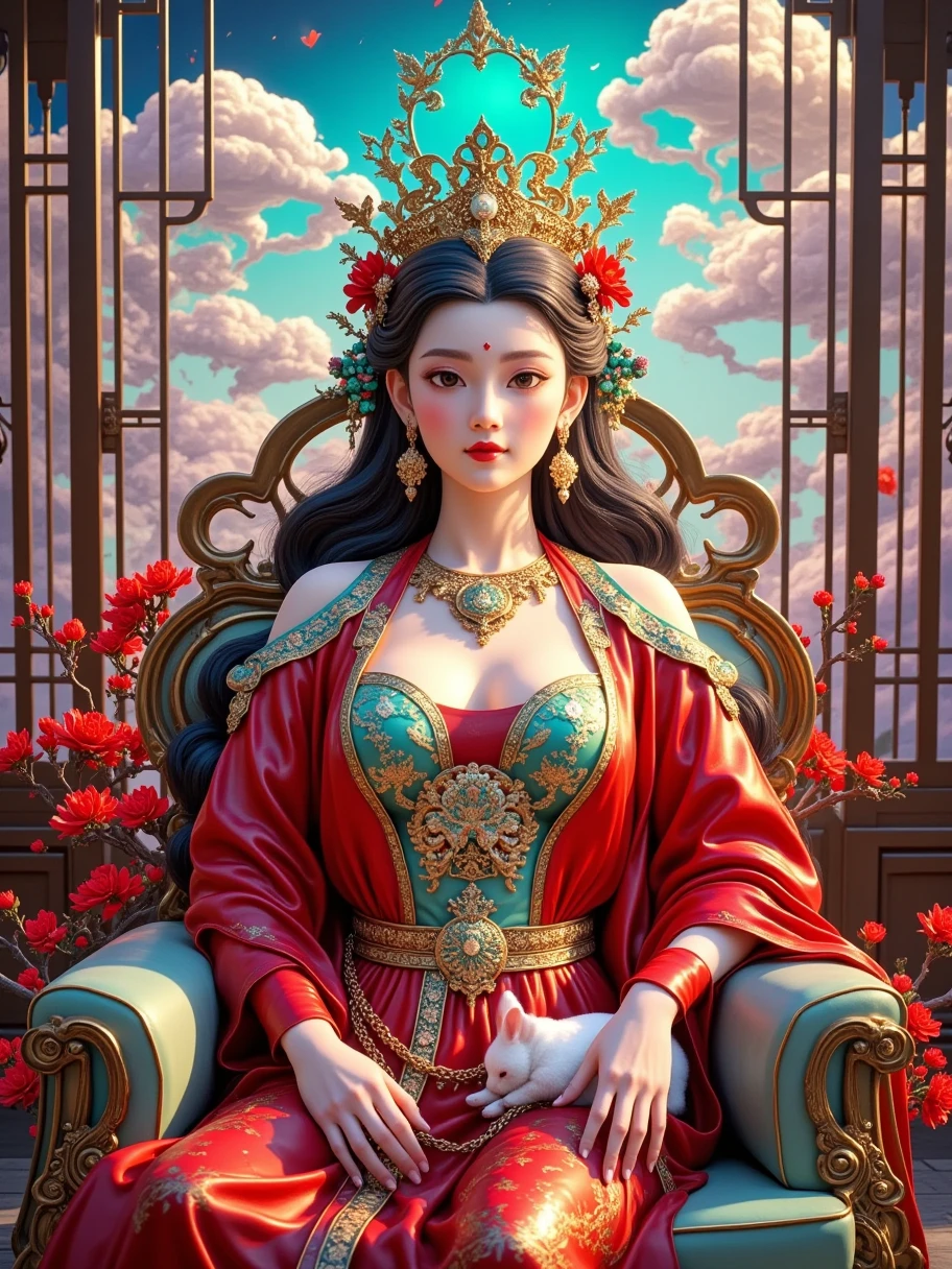 Fantastic color and detail Thangka illustration ，Colorful flying sky ，flowing red silk， A beautiful goddess with a golden cloud and sky background，portrait，Very beautiful fairy ，Statue of Tara Bodhisattva ， red eyeshadow， red face ， red lips，front， skin details ，Fine hair。Crown(Dot emerald ，Cloisonne， filigree enamel，flower，pearl，tassel)， upper body , 手持莲flower， fair skin ,  is surrounded by clouds， has a golden halo on her face ，(((yarn，Satin， red silk streamer)))，golden fantasy ，Glowing particles， ray tracing ，Double Exposure，A little white rabbit， The whole picture is brightly colored ， full of life and vitality 