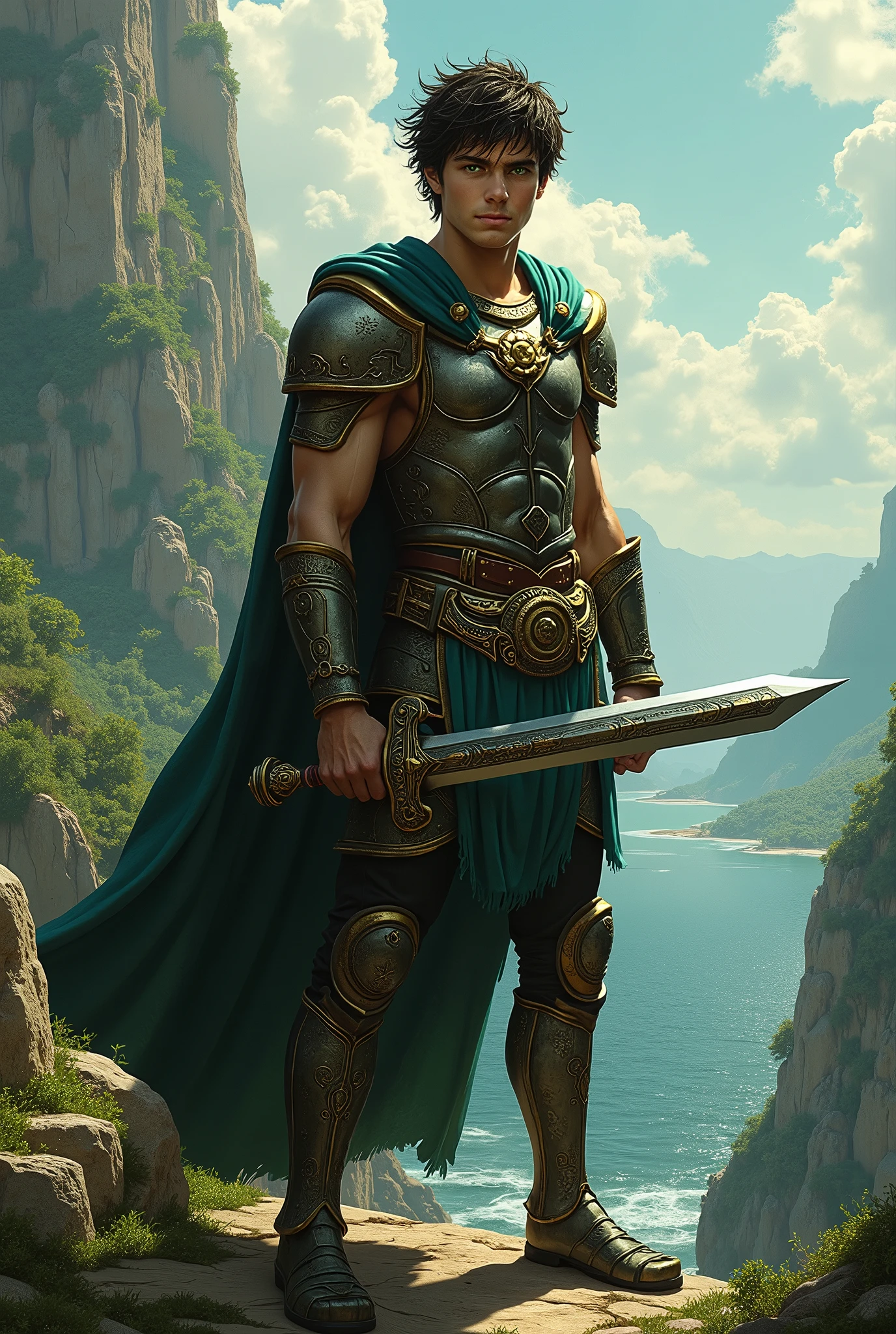 Arafed male in armor holding a sword standing on a cliff - SeaArt AI