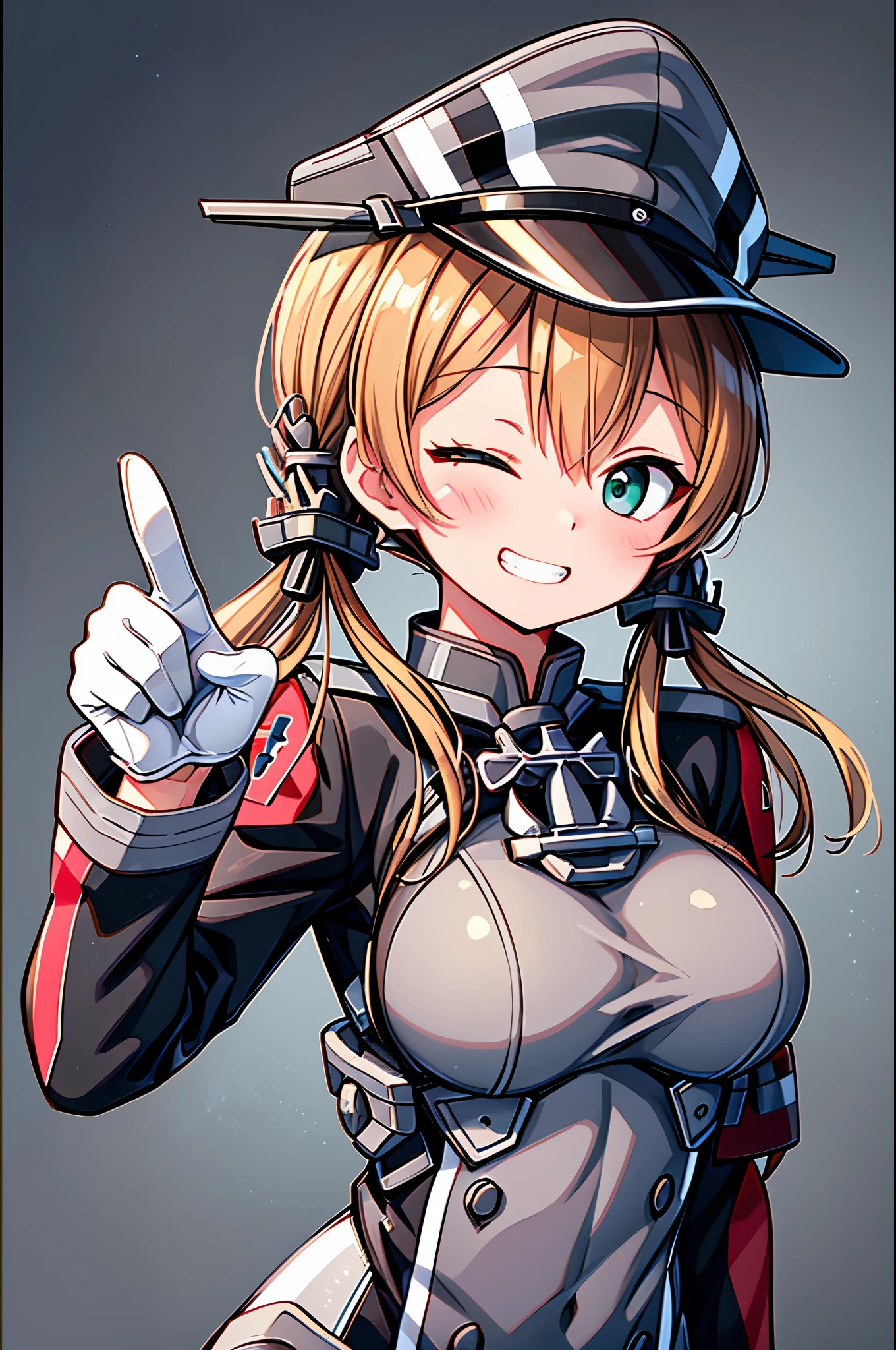 (masterpiece, best quality, illustration, delicate details, 8K:1.2),(black_background:1.2),(upper body:1.5),prinz eugen/(kancolle/), green eyes, anchor hair ornament, peaked cap, hat ornament, military uniform, iron cross, long sleeves, white gloves,blushing,blush, (looking at viewer:1.5),blonde hair,twintails,hair ornament,military uniform,anchor hair ornament,peaked cap,white gloves,low twintails,iron cross,breasts,smile,long sleeves,military hat,long hair,((peace sign)),((side glance,grin,one eye closed, wink))