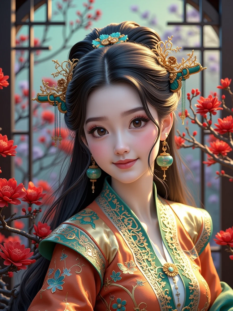 Portrait，In Chinese mythology,  became an ancient beauty ，Delicate facial features， with a smile， and she had a pair of wings on her shoulders but she couldn't show them，The head of Sheng and leaning back , . She was dressed in a golden and jade hanfu ，Sleeves fluttering, , and the atmosphere was gray and amber , Realistic photography style,  fantasy art aesthetics ,  movie lights,  Chinese bizarre aesthetics , Romantic scenery, Thin lines ,  Unreal Engine rendering ,  ethereal rendering ,  Wonderland Background ,  natural light, 8k,  Delicate Details ,  beautiful lighting effects ,  fantasy engine 