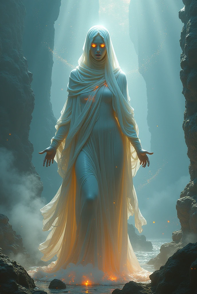 masterpiece, UHD, 16k, high detailed picture, an old abandoned cemetery, autumn foggy morning, the paths are covered with yellowed leaves, a gloomy morning, (above the mound of an old grave in a light transparent cloud, a tall graceful figure of a ghost of a young girl hovers over the mound of an old grave in a light transparent cloud, dressed in a long, ankle-length and tight ephemeral gray transparent shroud, emphasizing wide hips, narrow waist, large and neat chest), head hidden by a hood, faces not It can be seen, camel toe, nipples trough clothes, face, the rays of the sun penetrate through the figure