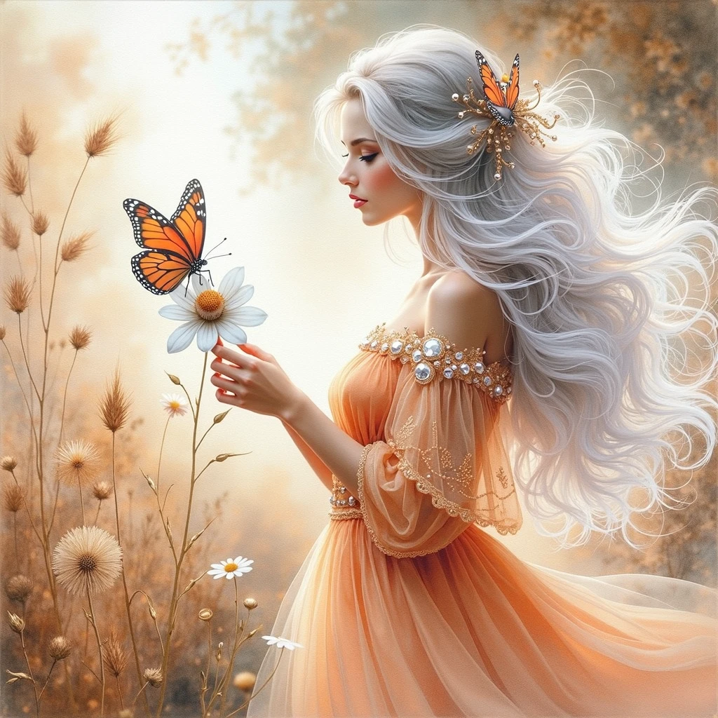 (((EXTREMALLY DETAILED ULTRAREALISTIC 3D RENDER FOREGROUND: 1.4)))  PPaint a soft dreamy watercolour image of an ethereal beautiful young woman with long windswept white hair adorned in a gorgeous soft orange flowing dress admiring a stunning, soft-focused dreamy orange butterfly perched delicately on a white flower, which is centrally positioned within a serene natural background. The background features warm, brown and beige blurred tones that evoke a tranquil, ethereal meadow ambiance. Gentle light filters through the scene, lending a dreamy, hazy quality to the composition. To the right, a subtle, dry grass stalk stretches upward, its fine details softly defined, enhancing the image's overall delicate and painterly effect. The butterfly's wings are open, showcasing shades of deep orange with fine black detailing along the edges and wing veins, providing a vivid contrast to the creamy, muted background and the simplicity of the elegant, pale flower supporting it. Fleeting beautiful moments are fragile but immortalized in art. (((EXTREMALLY DETAILED ULTRAREALISTIC 2D FOGGY PASTEL BACKGROUND: 1.2))) (((GOLD GLOSSING DETAILES JEWELLERY,SPARKLING TRANSPARENT STONES)))