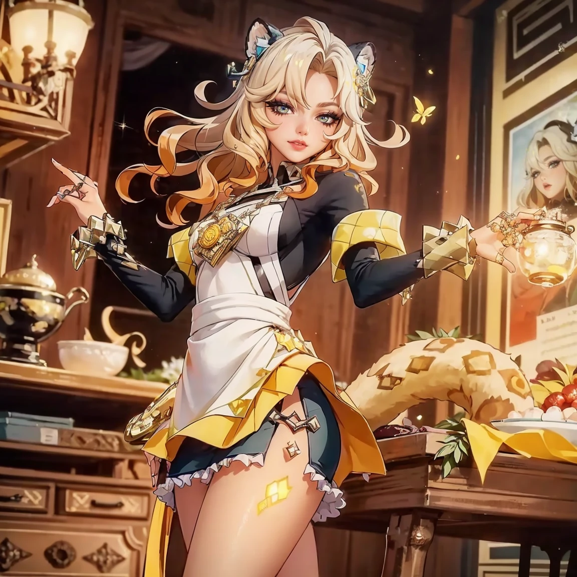 Close up of woman wearing cat ears costume, seraphine Ali kda, Atjem style, Female furry mini cute style, style Atjem, extremely detailed Atjem, Onmyoji, Atjem detailed, Atjem comic, mobile legends, IG model | Atjem, Ali