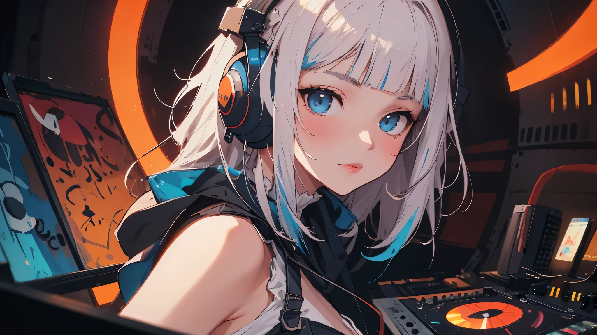 A close-up portrait of a charming albino girl, a DJ in the style of Anna Dittman, by Jeremy Mann, dressed in futuristic attire. The painting is executed in the manner of Gustave Moreau, with a resolution of 32 pixels. The girl is standing at the DJ console, wearing headphones, and is dancing to music. The background features a wall covered in graffiti and neon core, with colors that glow in the darkness, reminiscent of the Glowwave style. Aesthetically, the painting is reminiscent of vintage style.