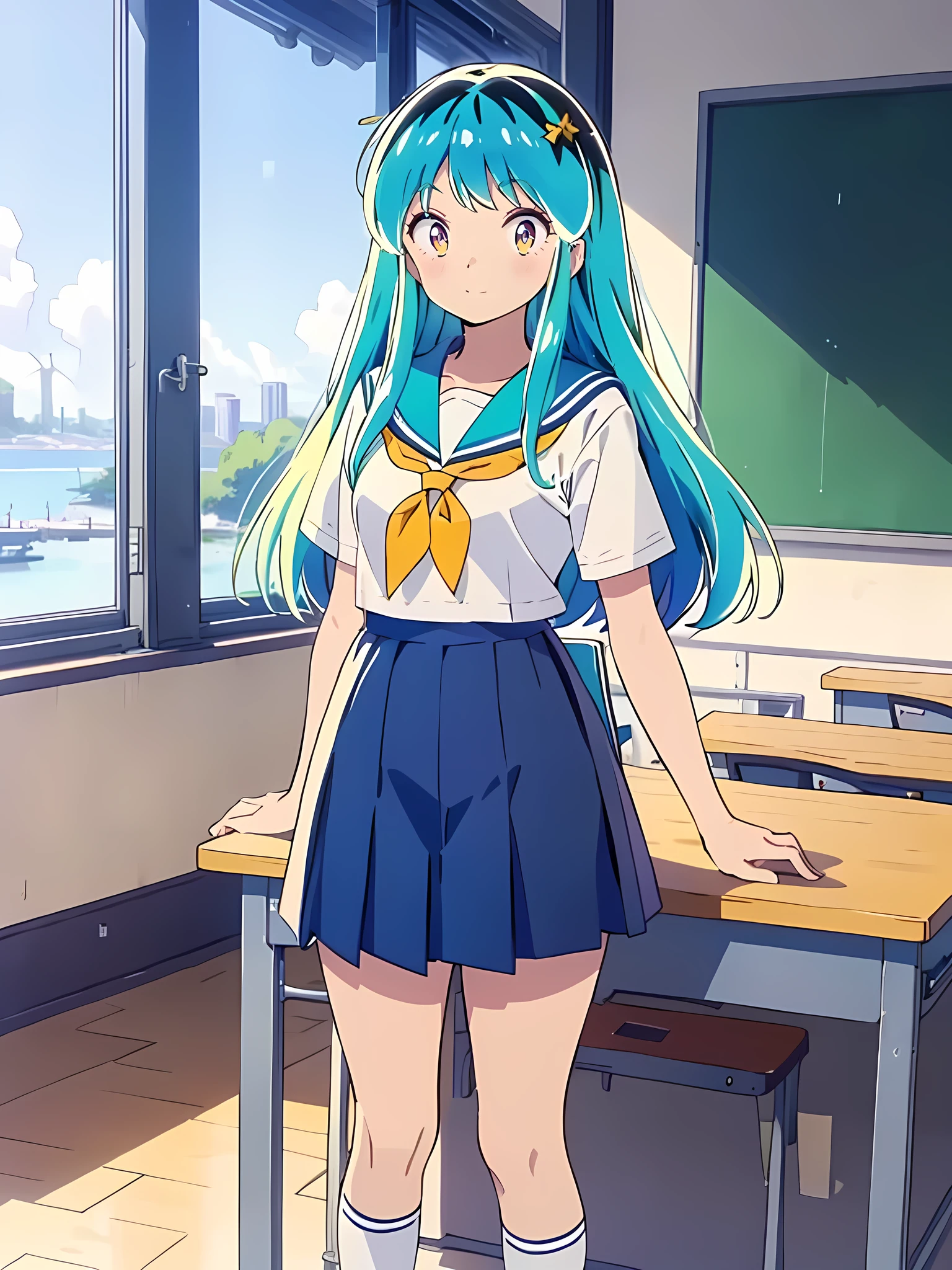 masterpiece,  best quality, 1 Girl, Lum,  sailor suit , Summer clothes,  Navy Blue Skirt, uniform,  Charming, 18 years old,  sexy,  standing, Japan,  high definition, From the front, classroom, Greenish silver hair, smile,  yellow neckerchief,  white socks ,  orange sneakers, Girlish behavior