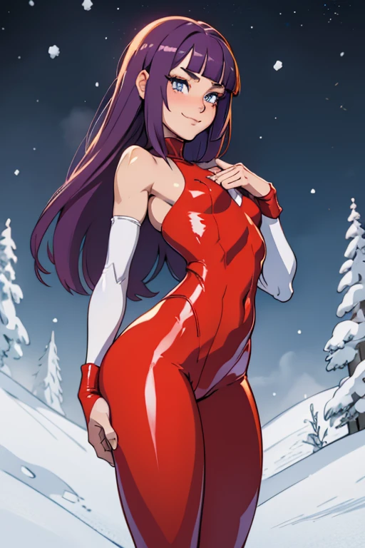 Toujo nozomi, green eyes, low twintails, sleeveless,red bodysuit, superman custom,hips, standing,llchar,big breasts, outdoors, arms behind,snow, (blushing:1.3), thicc abdomen,snow, (ass visible through thighs),(thighs gab), superhero pose,ultgp ,ultraman bodysuit