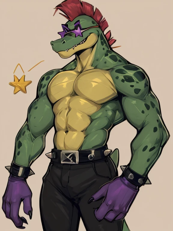 (by zackary911, anime, soft hatching) anthropomorphic, solo, human anatomy, skinny muscles, lean, fit body, naked, nude, abs, biceps, adult, tall, mature, anthro, lean, anime, pecs, (alligator, Monty (FNAF), Montgomery Gator (FNAF), red mohawk), (yellow star shaped glasses, black pants, purple gloves)