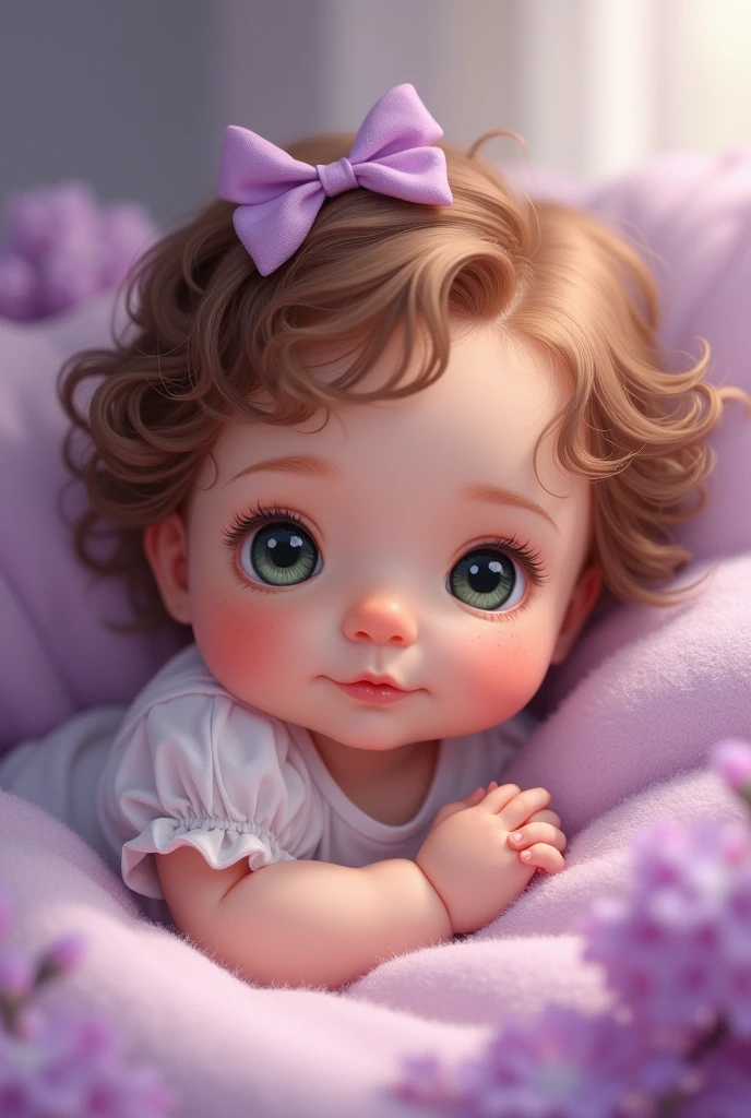 Super realistic baby in crib big eyes hair with curls pink cheeks soft skin tender look --auto --s2