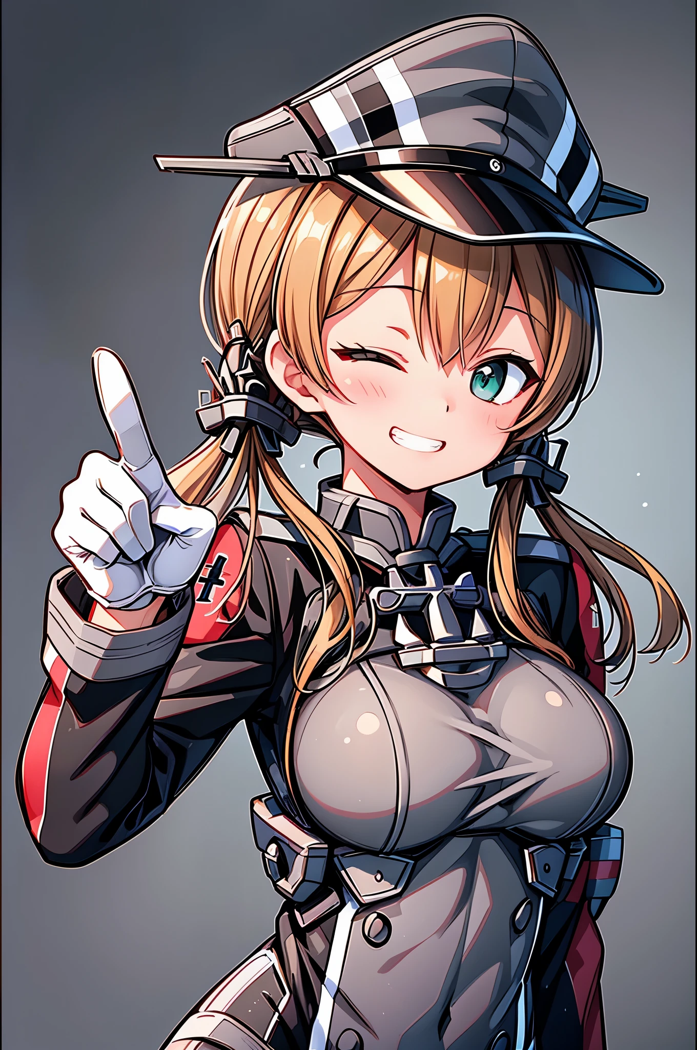 (masterpiece, best quality, illustration, delicate details, 8K:1.2),(black_background:1.2),(upper body:1.5),prinz eugen/(kancolle/), green eyes, anchor hair ornament, peaked cap, hat ornament, military uniform, iron cross, long sleeves, white gloves,blushing,blush, (looking at viewer:1.7),blonde hair,twintails,hair ornament,military uniform,anchor hair ornament,peaked cap,white gloves,low twintails,iron cross,breasts,smile,long sleeves,military hat,long hair,((peace sign)),((side glance,grin,one eye closed, wink))