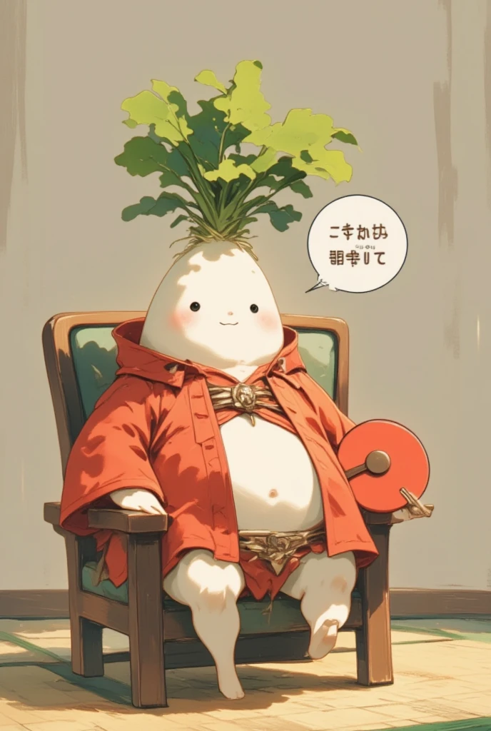 Chibi character、 顔のChubby anime character 、 Chubby, 、 white turnip radish with a rounded face   、  in、 top knot like a green leaf   、black circle eyes、  A flat nose with a small round hole   、   wearing a bright red crested coat   、  は言うまinもありません 、  が畳の上に座って赤丸の扇子を抱えて傲慢な態度in座っています  、   on the armrest   、 towards viewers 「Let alone 、B」とマンガのふきだし付きinコメントしている、