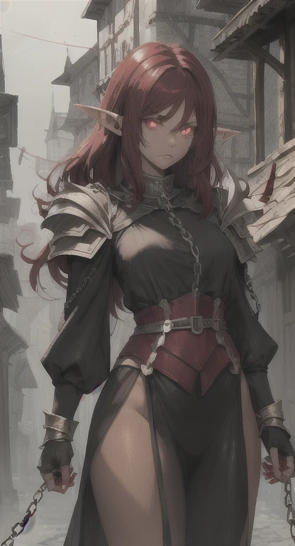 (masterpiece, high quality, highly detailed)
A beautiful demon woman, in her 30s, with goat-like horns. She has long, flowing red hair and piercing red eyes, with fair skin and pointed elf-like ears. Her body is beautifully curved. She stands in the midst of a crumbling castle, the aftermath of a fierce battle visible around her. Her face shows signs of fatigue, and she has various injuries on her body. She wears revealing medieval-style clothing, primarily in black, that accentuates her curves. The woman stands with her arms open in a dramatic or heroic pose, reminiscent of Homelander from The Boys. The background features the ruins of the castle, with debris and broken walls, adding a dramatic and melancholic atmosphere to the scene. The lighting is dramatic with dark tones, and the sky appears to be at twilight or dawn.