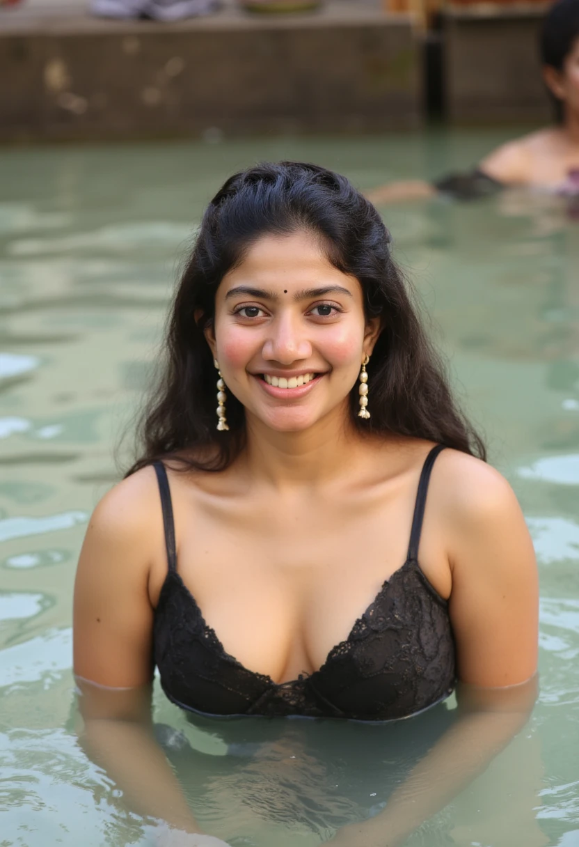 Day scene, close up photo of a sexy indian, bathing in, merged in water, black bra, big cheeks, deep cleavage, french braid hair, necklace, erotic face, 34 yo, look at viewer and seductive smile, (cinematic:1.3), intricate details, (ArtStation:1.2)