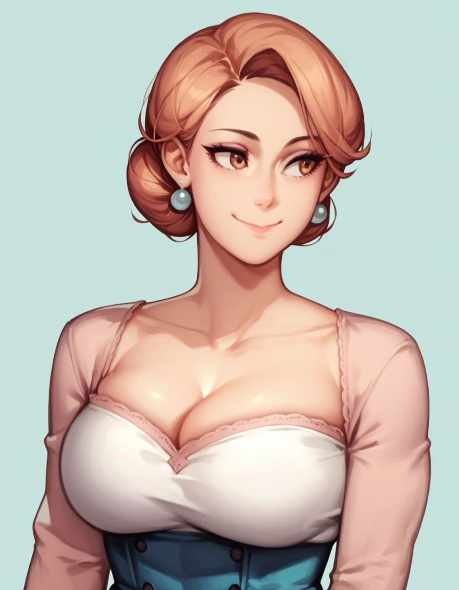 voluptuous body,1girl,solo, closed mouth smiling, upper body portrait, highly detailed, 8k, high definition, fully clothed, milf, b cup breasts, skin, beautiful, wearing a 1950s styled house wife dress, full clothed, facing viewer, anime style, no earrings, make up