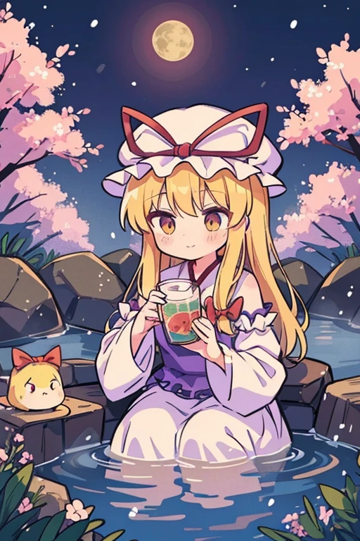 {{{(Yakumo Yukari (Touhou)), yellow eyes, hat, blonde hair, long hair, dress, ribbon, hat ribbon, ribbon, mob cap, frills, long sleeves, tabard, wide sleeves, hair ribbon, white dress, gap Yakumo Yukari and the characters of the Touhou Project (Touhou) talk about old memories while drinking in a hot spring. On New Year's Eve, they soak up to their shoulders in a steamy open-air bath to soothe their fatigue. Night cherry blossoms in winter on a snowy moonlit night.