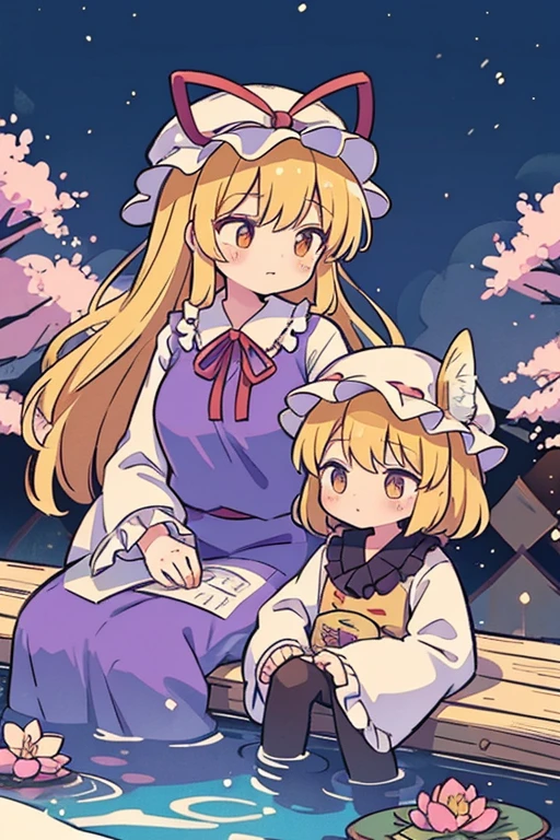 {{{(Yakumo Yukari (Touhou)), yellow eyes, hat, blonde hair, long hair, dress, ribbon, hat ribbon, ribbon, mob cap, frills, long sleeves, tabard, wide sleeves, hair ribbon, white dress, gap Yakumo Yukari and the characters of the Touhou Project (Touhou) talk about old memories while drinking in a hot spring. On New Year's Eve, they soak up to their shoulders in a steamy open-air bath to soothe their fatigue. Night cherry blossoms in winter on a snowy moonlit night.