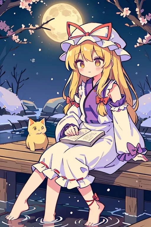 {{{(Yakumo Yukari (Touhou)), yellow eyes, hat, blonde hair, long hair, dress, ribbon, hat ribbon, ribbon, mob cap, frills, long sleeves, tabard, wide sleeves, hair ribbon, white dress, gap Yakumo Yukari and the characters of the Touhou Project (Touhou) talk about old memories while drinking in a hot spring. On New Year's Eve, they soak up to their shoulders in a steamy open-air bath to soothe their fatigue. Night cherry blossoms in winter on a snowy moonlit night.