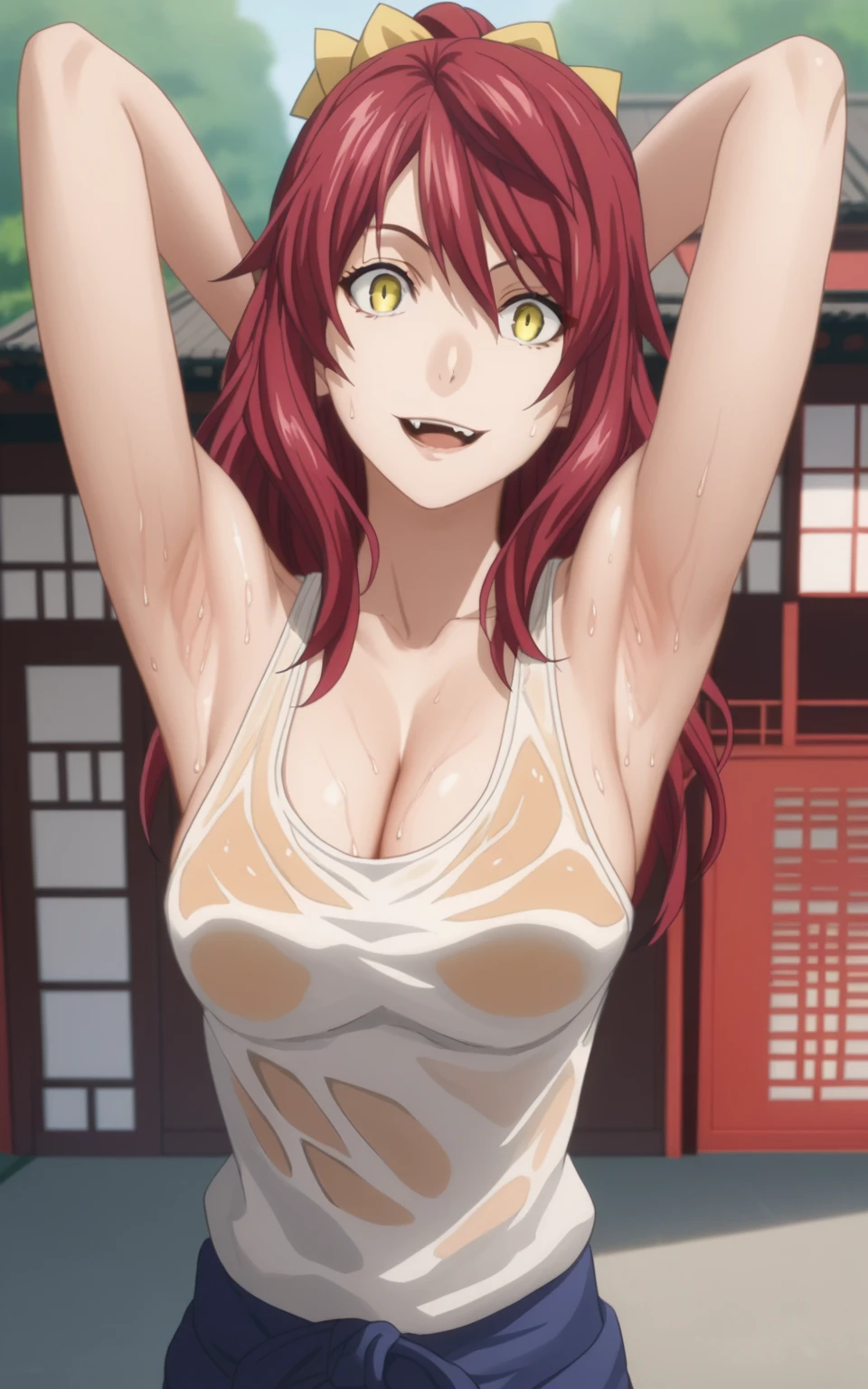 score_9, score_8_up, score_7_up, source_anime, anime screencap, 1girl, solo, kobayashi rindou, long hair, red hair, yellow eyes, hair bow, white tanktop, sleeveless, cleavage, bare shoulders, bare arms, arms behind head, armpits, from above, looking at viewer, head towards viewer, smile, large breasts, opened mouth, fang teeth, badhandv4, outdoors, chinatown, detailed armpits, sweaty armpits, wet tanktop