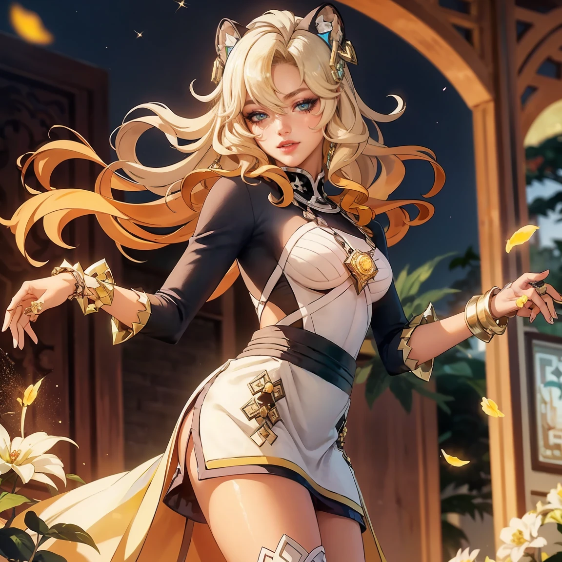 Create a fantasy image of a Well endowed, blonde female barbarian warrior with a loincloth, standing in a field of colorful flowers with a black tower in the background, absurdres, high res, ultrasharp, 8K, masterpiece, looking at viewer,(((from below)))