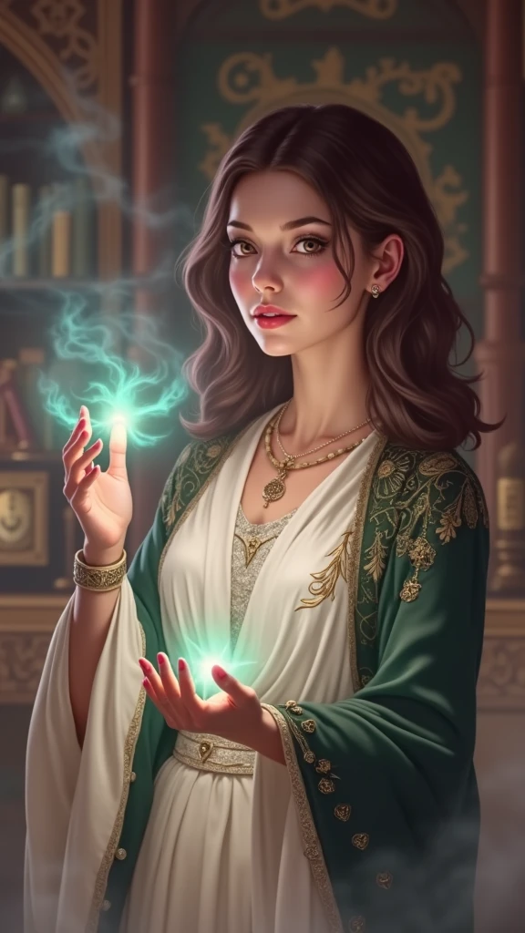 arafed woman in a green dress holding a white and brown object, female mage conjuring a spell, a sorceress casting a ice ball, fantasy character photo, the sorceress casting a fireball, maya ali as a d&d sorcerer, forest elf bard playing lute, an arcane wizard casting a spell