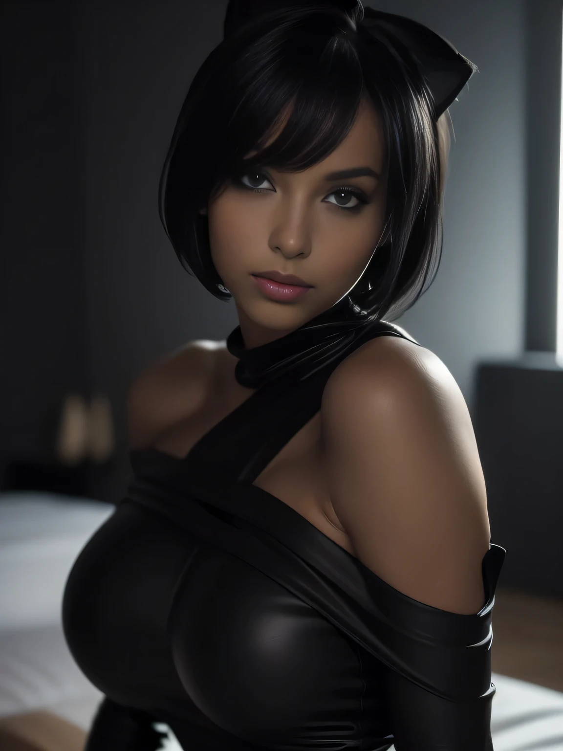 (Matte black strapless catsuit:1.3), Bare shoulder, Sleeveless, Long glove, (Looking at the viewer:1.5), White bedroom,
8K Quality, (High Resolution:1.25), (Realistic photo:1.5), (Raw photo:1.25), (Extremely detailed photo), Absolute masterpiece,
Ultra beautiful girl, Plump body, (Big breasts:1.2), (Lip make-up), Glossy skin, Blond, Bangs, Short wavy bob, Evil smile