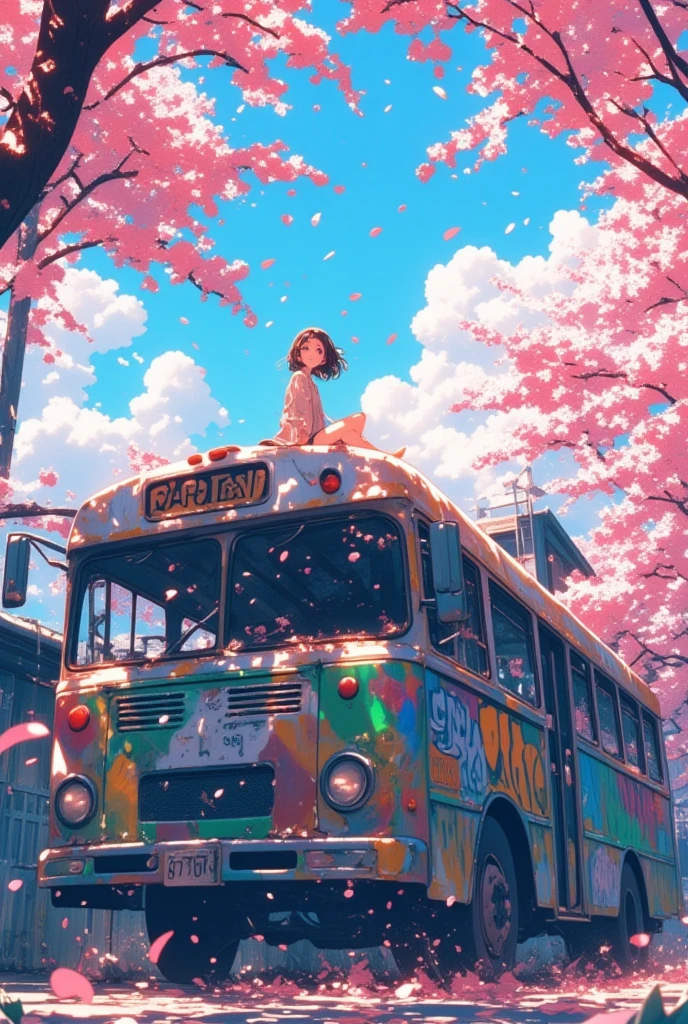 桜吹雪が降り注ぐ廃バスの上に座る女の子のanimeシーン、atey ghailan 8k、dy atey ghailan、Lofi Art、カラフルなanimeの映画の風景、 graffiti and sunlight filtering through the trees on the bus 、Lo-fi Girl、anime、桜の木、桜吹雪、桜の花びらが崩れる様に、桜の花びらが舞う